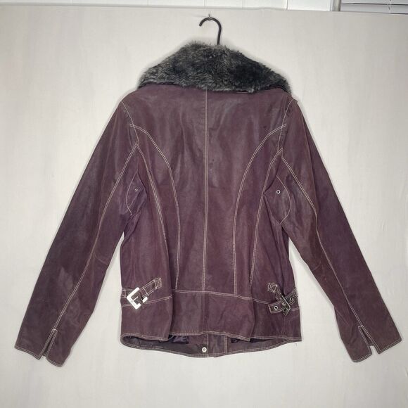 Y2K Purple Leather Jacket Women’s L Moto Biker Grunge Faux Fur Collar Leather - Picture 2 of 13